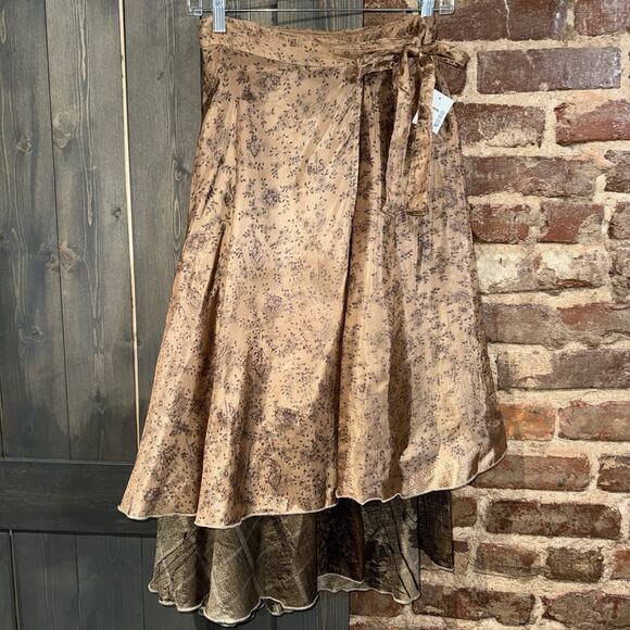Boutique NWT Reversible Silk Wrap Skirt Floral Bronze Satin Midi Women’s Sz M - Picture 2 of 9